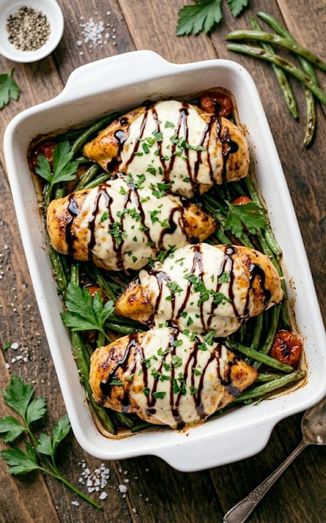 Balsamic baked chicken breast with melted mozzarella cheese and balsamic glaze drizzle served in a white baking dish with fresh green beans