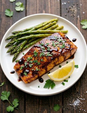 Balsamic glazed salmon fillet with caramelized balsamic glaze and fresh parsley on a white plate served with asparagus