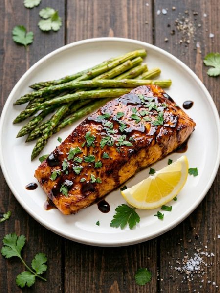 Balsamic glazed salmon fillet with caramelized balsamic glaze and fresh parsley on a white plate served with asparagus