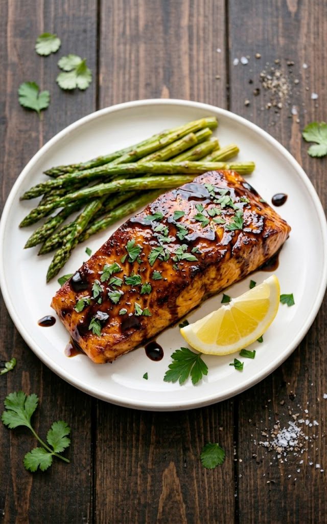 Balsamic glazed salmon fillet with caramelized balsamic glaze and fresh parsley on a white plate served with asparagus