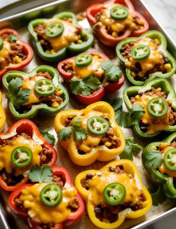 Overhead close-up of a sheet pan filled with colorful loaded bell pepper nachos with red yellow and green mini pepper halves filled with seasoned ground beef black beans corn and melted golden cheddar cheese topped with sliced jalapenos and fresh cilantro