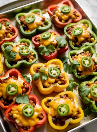 Overhead close-up of a sheet pan filled with colorful loaded bell pepper nachos with red yellow and green mini pepper halves filled with seasoned ground beef black beans corn and melted golden cheddar cheese topped with sliced jalapenos and fresh cilantro