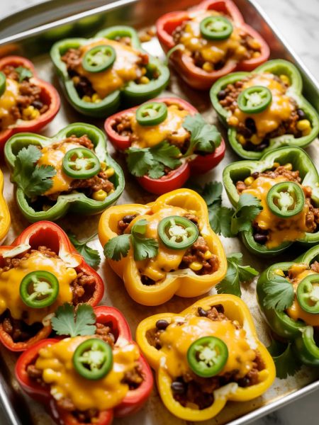 Overhead close-up of a sheet pan filled with colorful loaded bell pepper nachos with red yellow and green mini pepper halves filled with seasoned ground beef black beans corn and melted golden cheddar cheese topped with sliced jalapenos and fresh cilantro