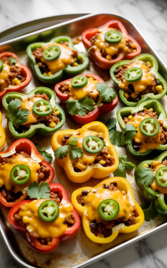 Overhead close-up of a sheet pan filled with colorful loaded bell pepper nachos with red yellow and green mini pepper halves filled with seasoned ground beef black beans corn and melted golden cheddar cheese topped with sliced jalapenos and fresh cilantro