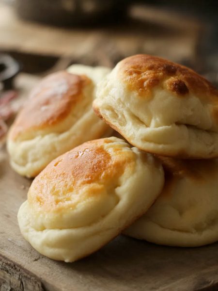 Close-up of three golden pan-fried cheese bread rolls with a deep spotted golden crust piled on a wooden board showing their soft fluffy texture