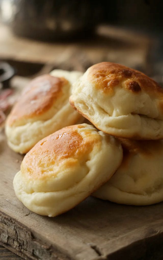 Close-up of three golden pan-fried cheese bread rolls with a deep spotted golden crust piled on a wooden board showing their soft fluffy texture