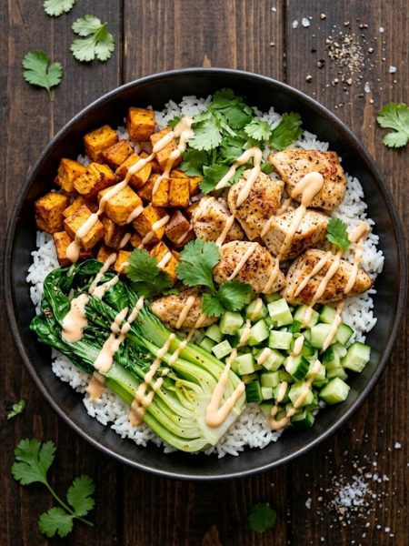 Chicken and sweet potato bowls with roasted sweet potatoes, seared chicken, fresh cucumber, wilted greens, white rice and creamy sriracha sauce in a ceramic bowl
