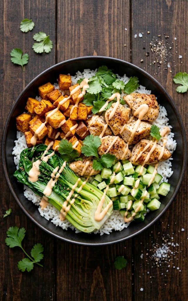 Chicken and sweet potato bowls with roasted sweet potatoes, seared chicken, fresh cucumber, wilted greens, white rice and creamy sriracha sauce in a ceramic bowl