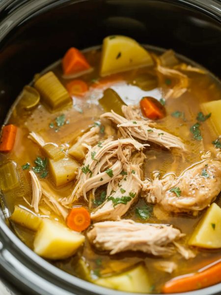 Overhead view of a crockpot filled with tender shredded chicken thigh pot roast with carrots potatoes celery and rich savory broth garnished with fresh parsley