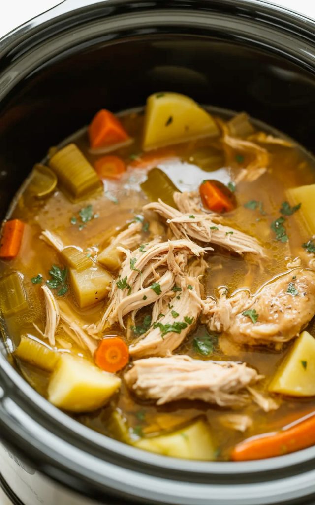 Overhead view of a crockpot filled with tender shredded chicken thigh pot roast with carrots potatoes celery and rich savory broth garnished with fresh parsley