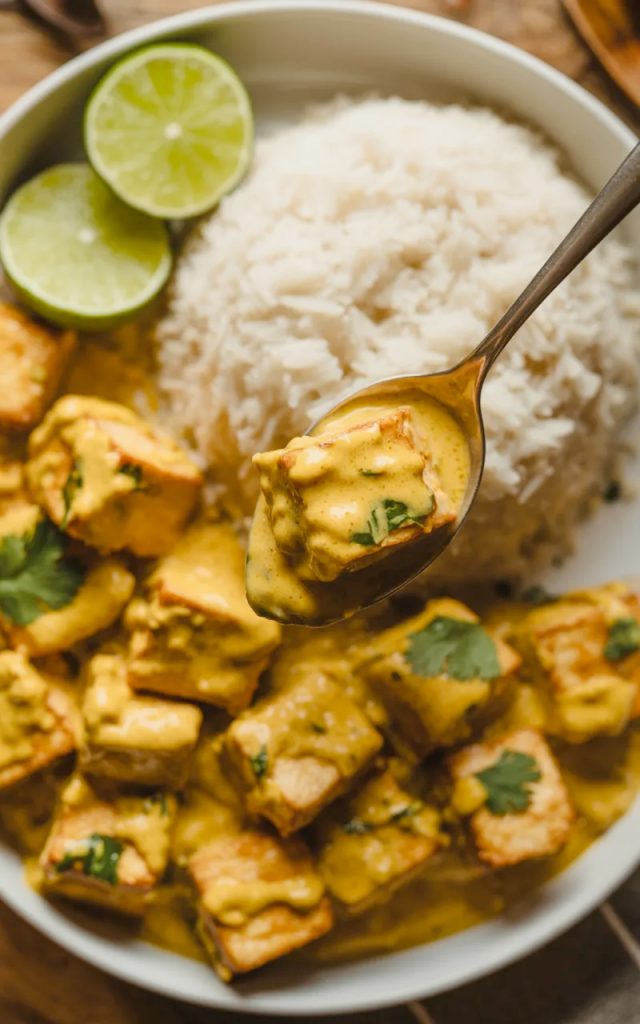 Close-up overhead shot of a white bowl filled with golden coconut lime tofu cubes in a rich creamy golden sauce with fresh cilantro fluffy white rice and lime wedges