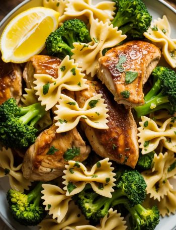 Overhead close-up of a large white plate filled with cowboy butter lemon bowtie chicken with broccoli showing golden seared chicken pieces bowtie pasta and bright green broccoli florets coated in a glossy herb-flecked butter sauce with fresh parsley and lemon