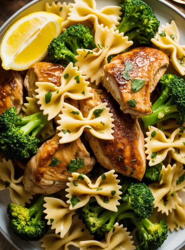 Overhead close-up of a large white plate filled with cowboy butter lemon bowtie chicken with broccoli showing golden seared chicken pieces bowtie pasta and bright green broccoli florets coated in a glossy herb-flecked butter sauce with fresh parsley and lemon