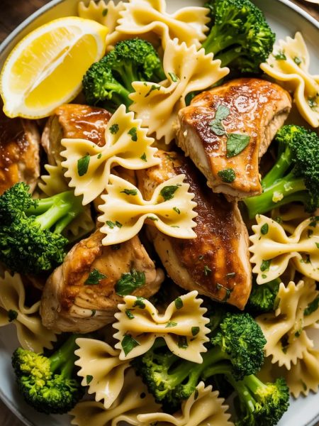 Overhead close-up of a large white plate filled with cowboy butter lemon bowtie chicken with broccoli showing golden seared chicken pieces bowtie pasta and bright green broccoli florets coated in a glossy herb-flecked butter sauce with fresh parsley and lemon