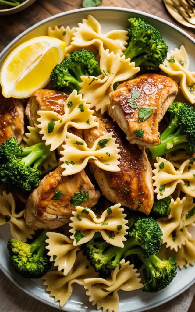 Overhead close-up of a large white plate filled with cowboy butter lemon bowtie chicken with broccoli showing golden seared chicken pieces bowtie pasta and bright green broccoli florets coated in a glossy herb-flecked butter sauce with fresh parsley and lemon