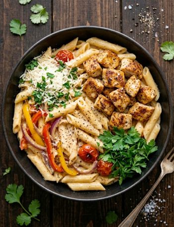 Creamy Cajun chicken pasta with golden seared chicken pieces and penne pasta in a rich Cajun cream sauce garnished with fresh parsley in a dark bowl