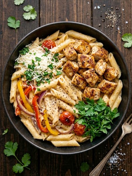 Creamy Cajun chicken pasta with golden seared chicken pieces and penne pasta in a rich Cajun cream sauce garnished with fresh parsley in a dark bowl