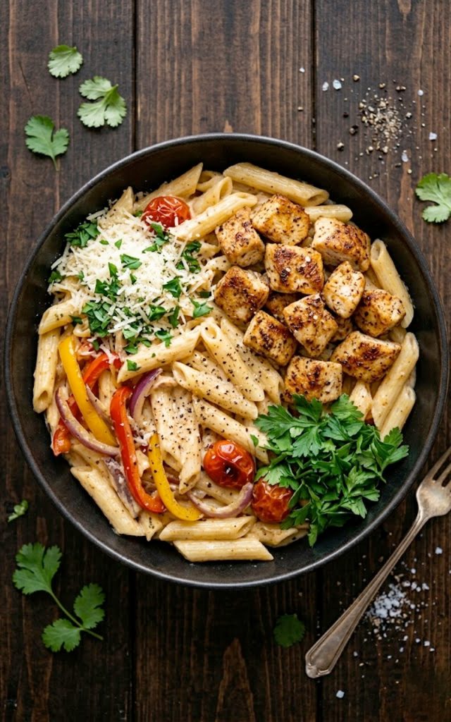 Creamy Cajun chicken pasta with golden seared chicken pieces and penne pasta in a rich Cajun cream sauce garnished with fresh parsley in a dark bowl