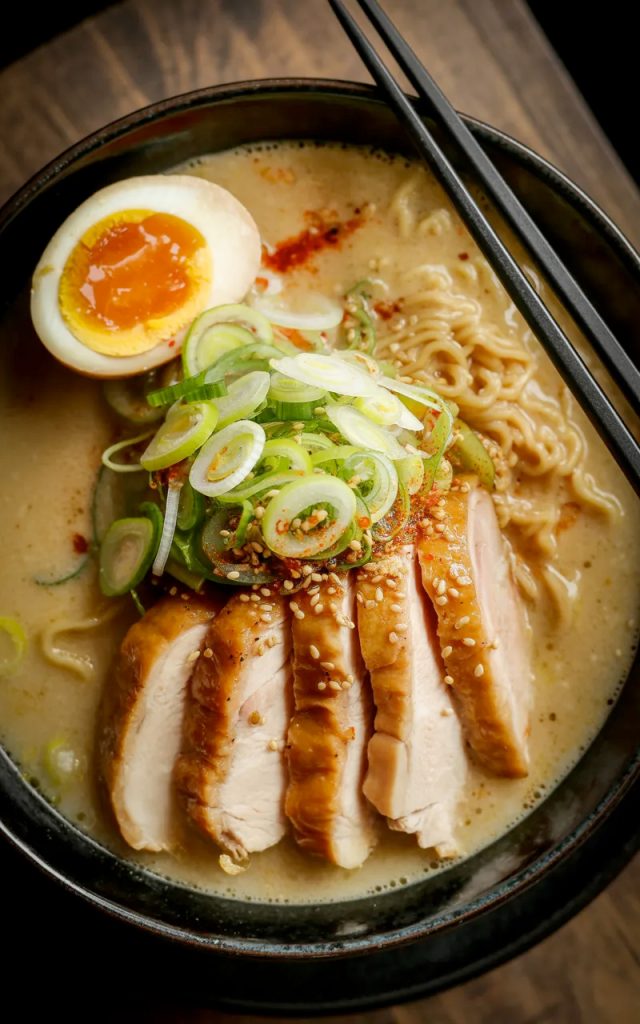 Overhead close-up of a dark bowl of creamy garlic chicken ramen with sliced seared chicken thigh soft boiled egg ramen noodles green onions chili flakes and sesame seeds in a rich golden creamy broth