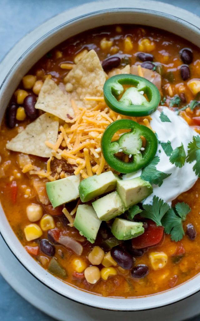 Overhead close-up of a large white bowl of creamy vegetarian tortilla soup loaded with black beans corn chickpeas and topped with tortilla chips sliced jalapenos shredded cheese and fresh avocado