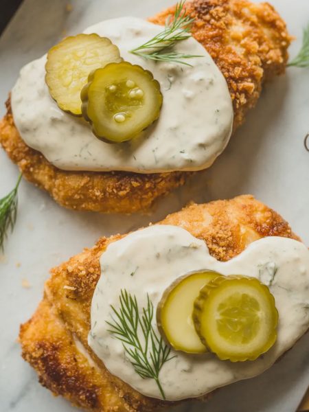 Overhead close-up of two crispy dill pickle parmesan chicken cutlets on a white marble surface topped with creamy dill pickle sauce sliced pickles and fresh dill sprigs
