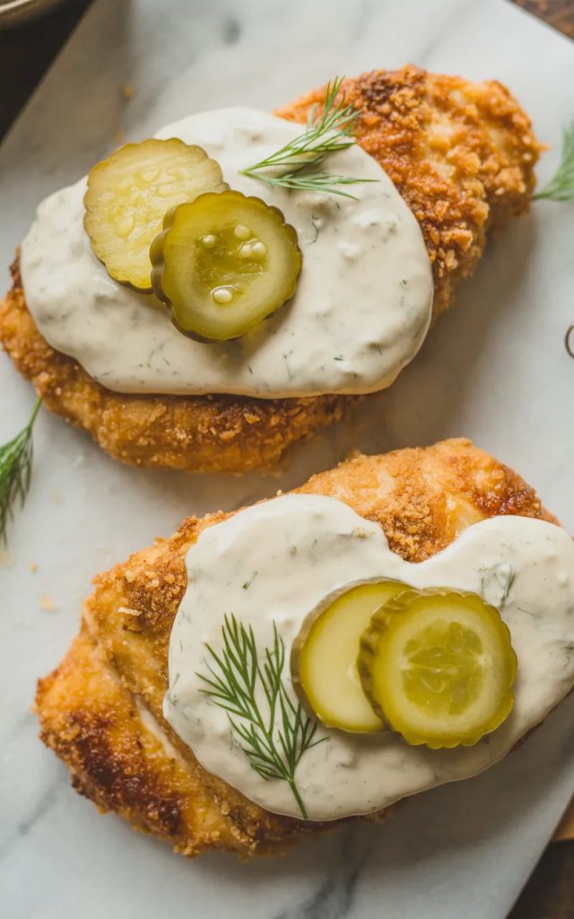 Overhead close-up of two crispy dill pickle parmesan chicken cutlets on a white marble surface topped with creamy dill pickle sauce sliced pickles and fresh dill sprigs