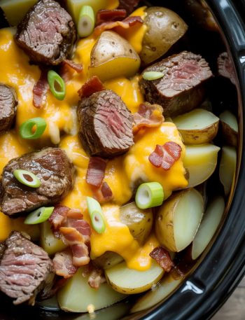 Close-up overhead shot of a crockpot loaded steak and potato bake with tender steak bites melted cheddar cheese crispy bacon crumbles and sliced green onions visible throughout