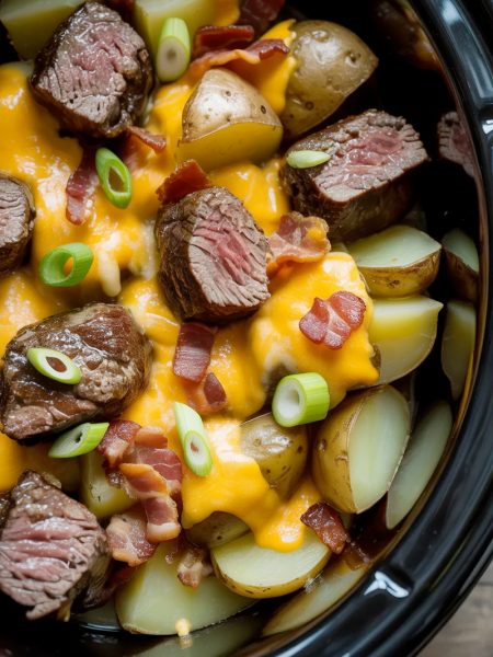 Close-up overhead shot of a crockpot loaded steak and potato bake with tender steak bites melted cheddar cheese crispy bacon crumbles and sliced green onions visible throughout