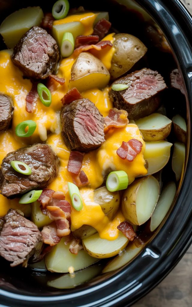 Close-up overhead shot of a crockpot loaded steak and potato bake with tender steak bites melted cheddar cheese crispy bacon crumbles and sliced green onions visible throughout