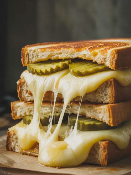 Close-up side angle of a dill pickle grilled cheese sandwich cut in half and stacked showing stretchy melted gruyere cheese pulling apart and dill pickle slices visible in the golden crispy bread