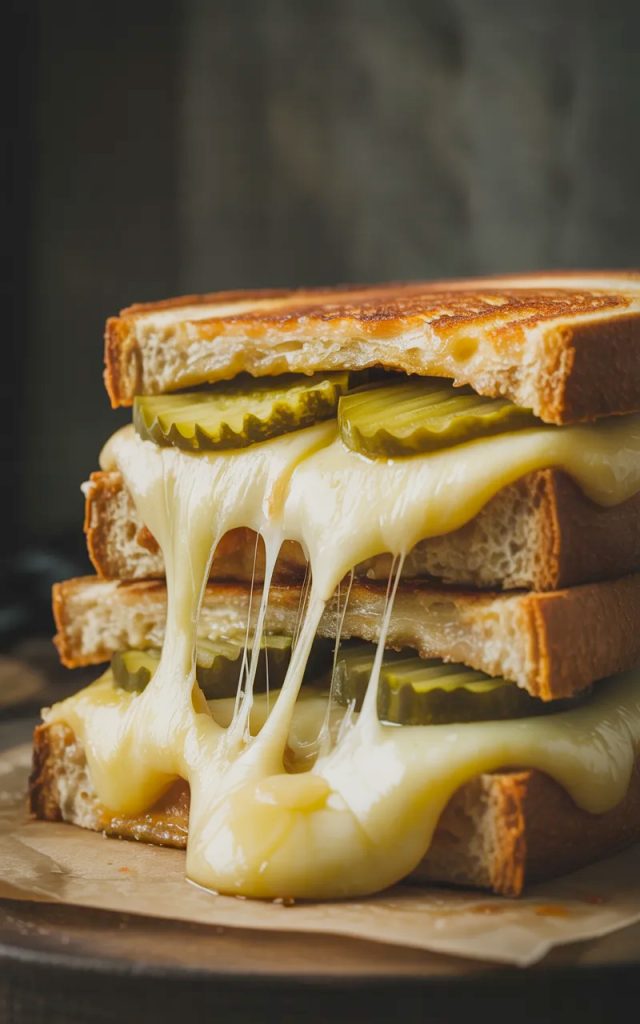 Close-up side angle of a dill pickle grilled cheese sandwich cut in half and stacked showing stretchy melted gruyere cheese pulling apart and dill pickle slices visible in the golden crispy bread