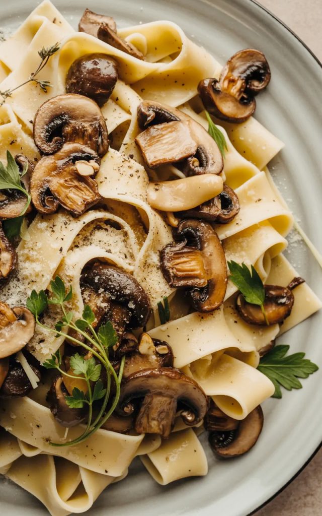 Close-up overhead shot of a large white ceramic plate piled high with garlic mushroom pappardelle pasta with golden sauteed cremini mushrooms fresh herbs and freshly grated parmesan