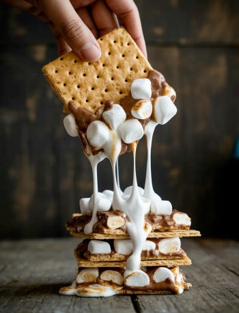 Close-up dramatic shot of a hand pulling a Golden Grahams s'mores bar from a stack with long stretchy marshmallow strings trailing behind showing chocolate chips and mini marshmallows throughout