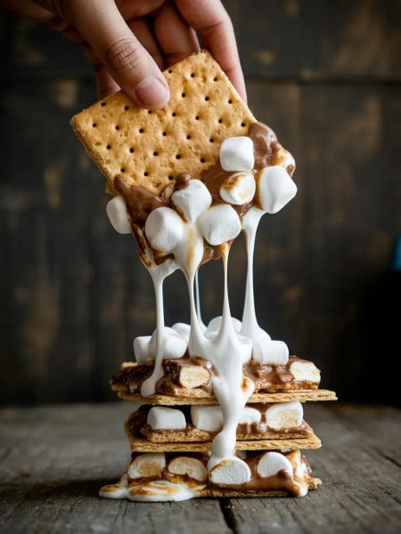 Close-up dramatic shot of a hand pulling a Golden Grahams s'mores bar from a stack with long stretchy marshmallow strings trailing behind showing chocolate chips and mini marshmallows throughout