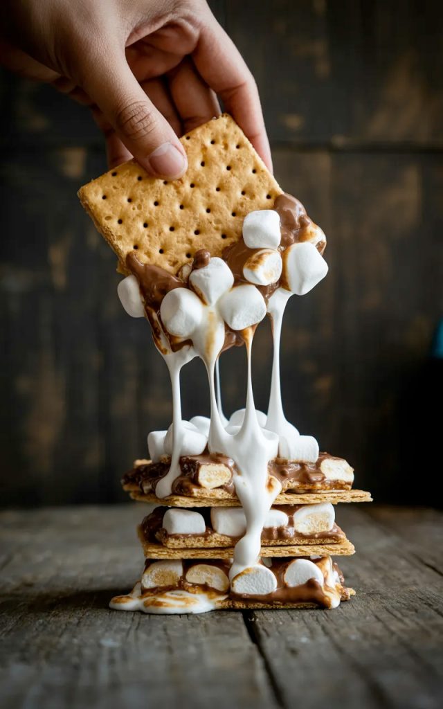 Close-up dramatic shot of a hand pulling a Golden Grahams s'mores bar from a stack with long stretchy marshmallow strings trailing behind showing chocolate chips and mini marshmallows throughout