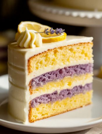 Side angle close-up of a single slice of lemon lavender layer cake on a white plate showing alternating yellow lemon and purple lavender cake layers with white lemon lavender buttercream between each layer topped with piped rosettes a fresh lemon slice and dried lavender sprigs
