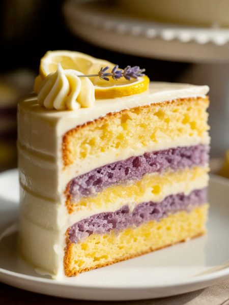 Side angle close-up of a single slice of lemon lavender layer cake on a white plate showing alternating yellow lemon and purple lavender cake layers with white lemon lavender buttercream between each layer topped with piped rosettes a fresh lemon slice and dried lavender sprigs