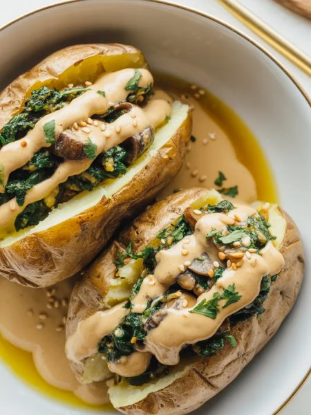 Overhead view of two mushroom and spinach stuffed baked potatoes in a white bowl drizzled with golden tahini sauce and garnished with fresh parsley and sesame seeds
