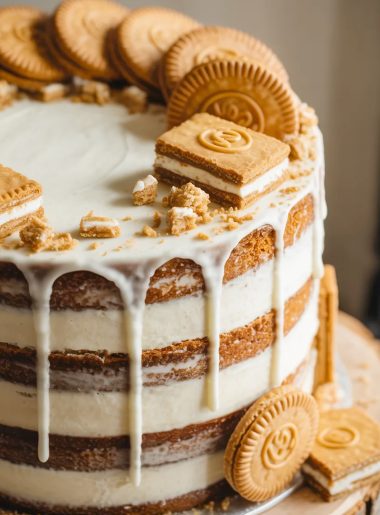 Close-up side angle of a three layer naked oatmeal cream pie cake with white vanilla buttercream drips whole and broken oatmeal cream pie cookies on top and cookie crumbles scattered across the surface on a wooden cake board