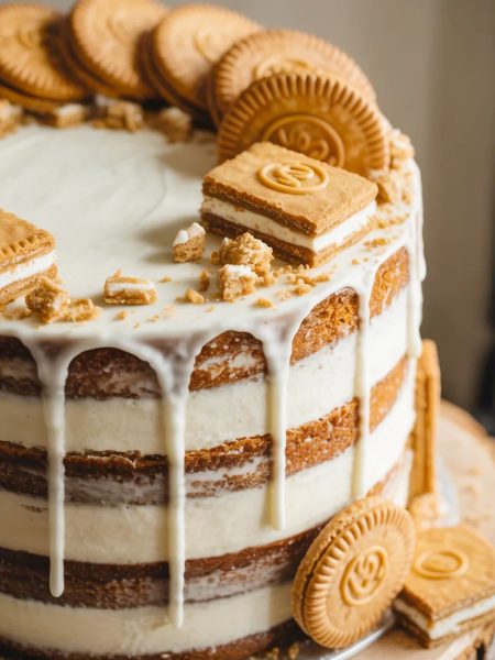 Close-up side angle of a three layer naked oatmeal cream pie cake with white vanilla buttercream drips whole and broken oatmeal cream pie cookies on top and cookie crumbles scattered across the surface on a wooden cake board