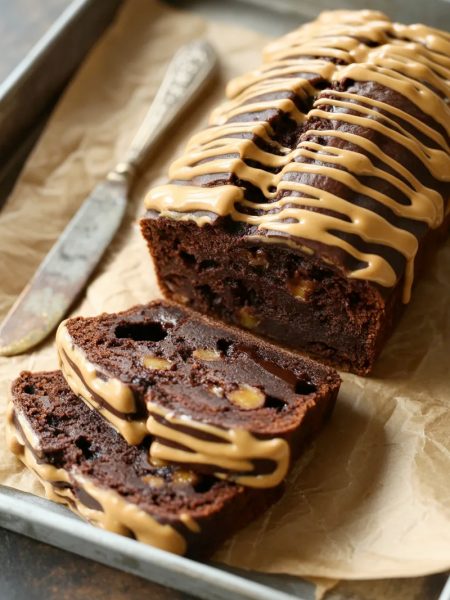 Side angle shot of a sliced peanut butter chocolate banana bread loaf on a parchment lined tray showing the dark fudgy interior with chocolate chips and a generous peanut butter drizzle across the top