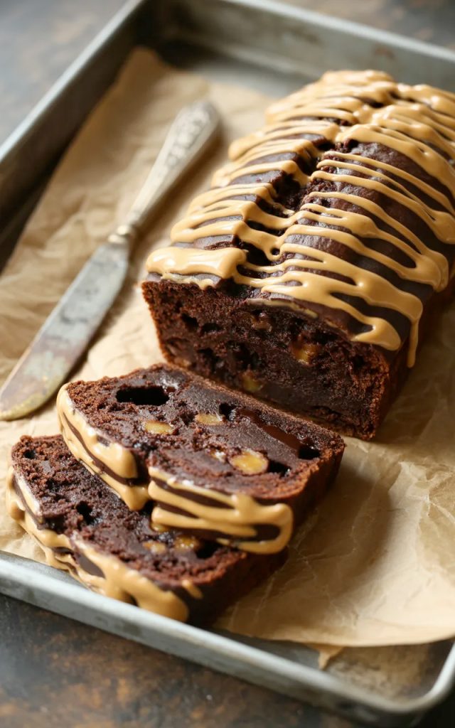 Side angle shot of a sliced peanut butter chocolate banana bread loaf on a parchment lined tray showing the dark fudgy interior with chocolate chips and a generous peanut butter drizzle across the top