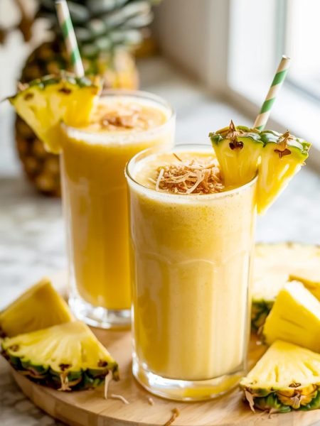 Two tall glasses of thick creamy golden pina colada smoothie garnished with fresh pineapple wedges toasted coconut and green paper straws on a wooden board surrounded by fresh pineapple pieces