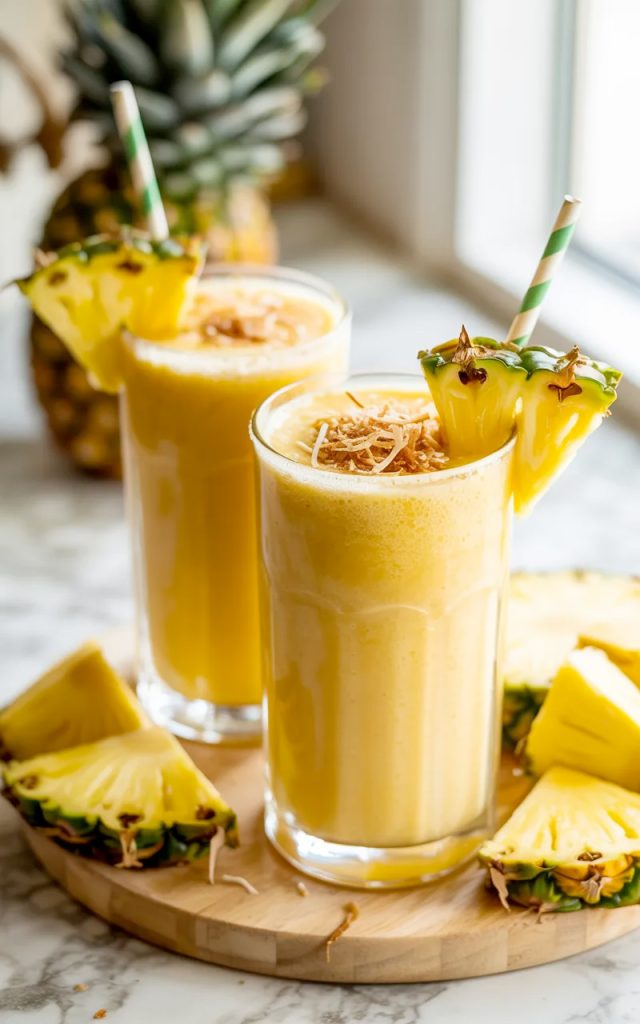 Two tall glasses of thick creamy golden pina colada smoothie garnished with fresh pineapple wedges toasted coconut and green paper straws on a wooden board surrounded by fresh pineapple pieces