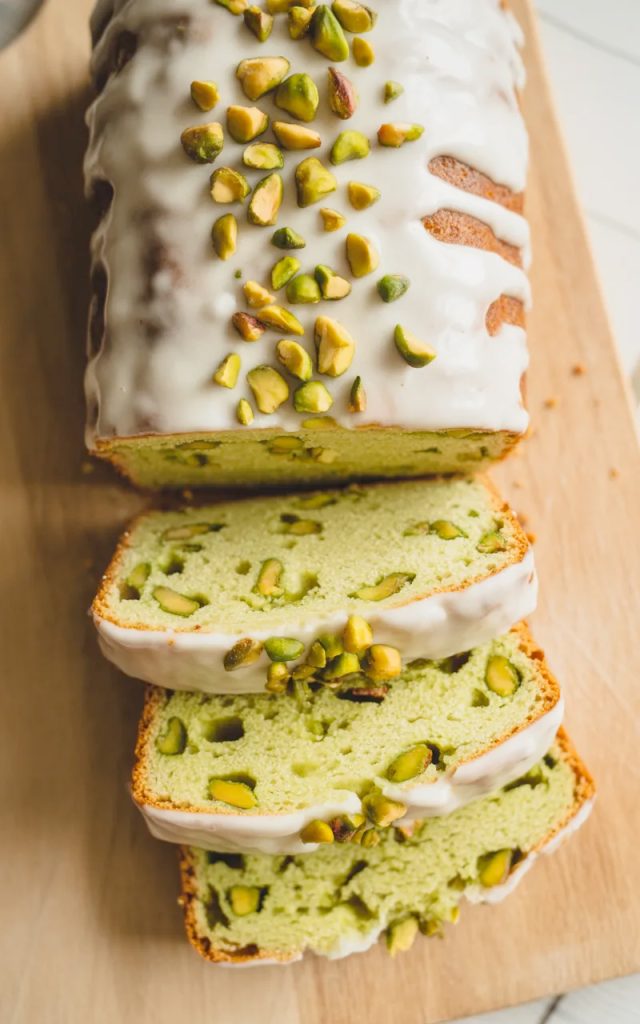 Overhead shot of a sliced pistachio pudding bread loaf on a light wooden board showing the pale green crumb with chopped pistachio pieces throughout and a white vanilla glaze drizzled across the top with chopped pistachios scattered over the glaze