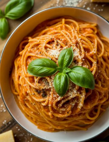 Overhead close-up of a white bowl filled with spaghetti coated in a vibrant deep orange red pepper cream sauce topped with fresh basil leaves freshly grated parmesan and cracked black pepper on a dark wooden surface