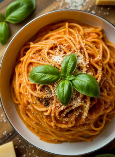 Overhead close-up of a white bowl filled with spaghetti coated in a vibrant deep orange red pepper cream sauce topped with fresh basil leaves freshly grated parmesan and cracked black pepper on a dark wooden surface