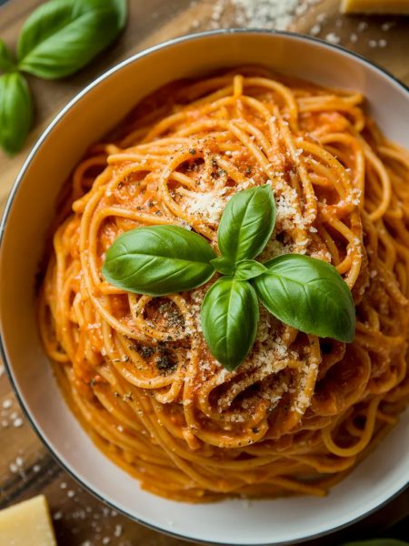 Overhead close-up of a white bowl filled with spaghetti coated in a vibrant deep orange red pepper cream sauce topped with fresh basil leaves freshly grated parmesan and cracked black pepper on a dark wooden surface