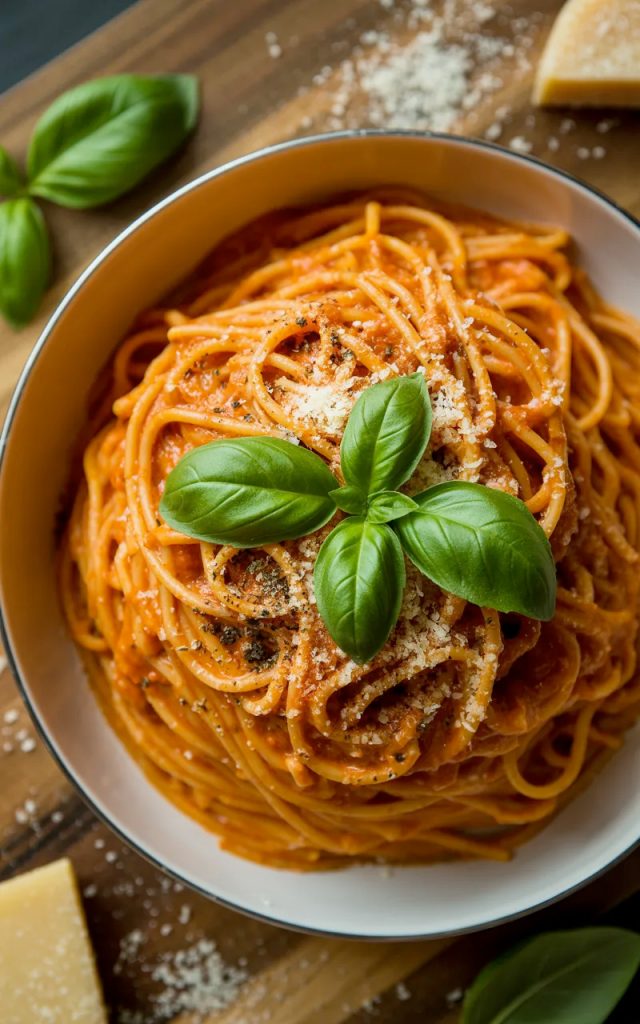 Overhead close-up of a white bowl filled with spaghetti coated in a vibrant deep orange red pepper cream sauce topped with fresh basil leaves freshly grated parmesan and cracked black pepper on a dark wooden surface