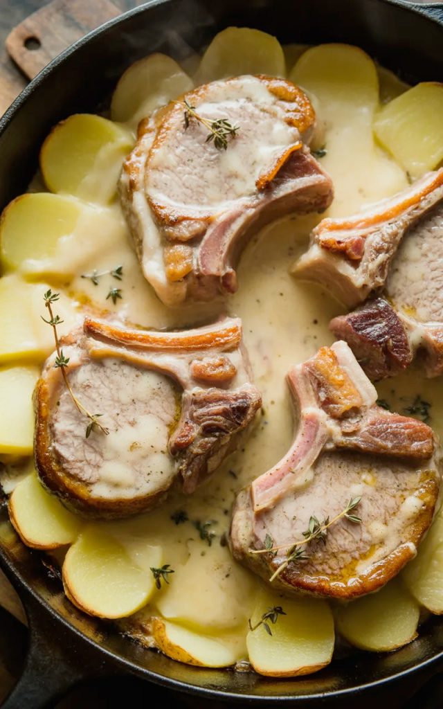 Overhead close-up of golden seared pork chops nestled into creamy scalloped potatoes in a cast iron skillet garnished with fresh thyme sprigs